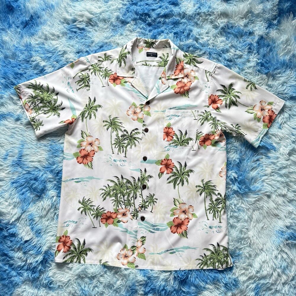Tropical Storm White Palm Tree Hibiscus Hawaiian Shirt Size XL Men’s